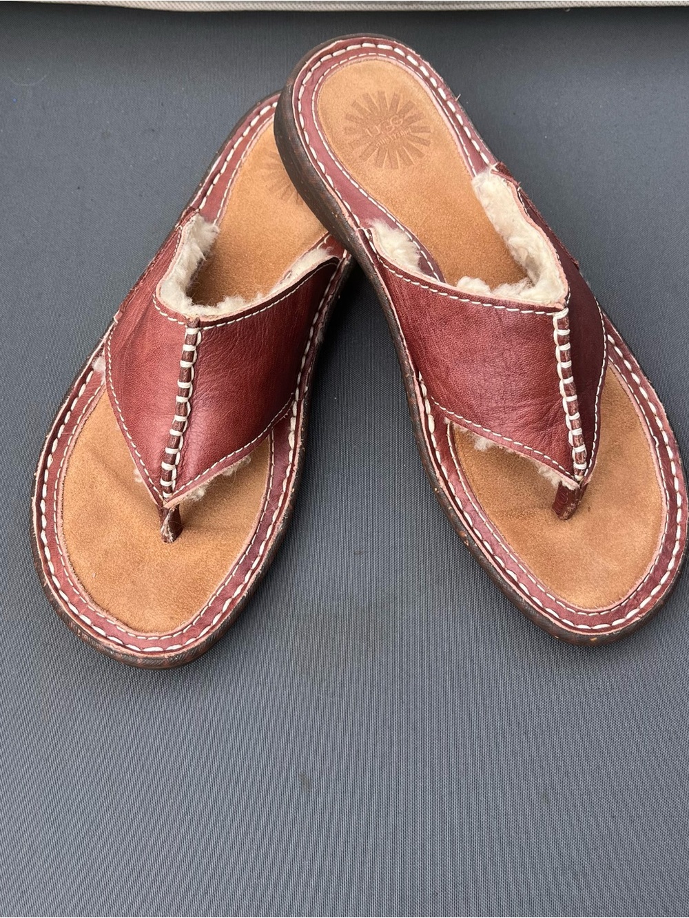 UGG Layback Leather Shearling Flip Flop Sandals in Chestnut brown size 7